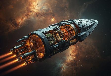 hyperrealistic, spaceship, A huge starship with a cut-away view showing cockpit, pistons and led's and circuit boards and motors, galactic nebula background