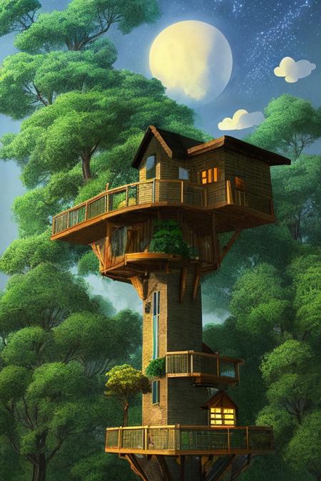 a good photo of the Isometric_Dreams,  surrounded by trees and a moon in the sky,a tree house with a tower and a staircase inside of it
