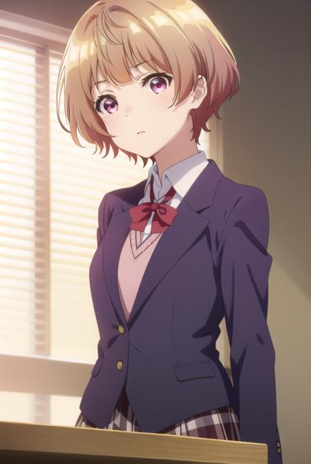 hanabinatsubayashi, <lora:hanabi natsubayashi s1-lora-nochekaiser:1>,
hanabi natsubayashi, short hair, brown hair, (pink eyes:1.2),
BREAK skirt, shirt, long sleeves, school uniform, jacket, white shirt, pleated skirt, necktie, collared shirt, plaid, plaid skirt, blazer, red necktie,
BREAK indoors, classroom,
BREAK looking at viewer,
BREAK <lyco:GoodHands-beta2:1>, (masterpiece:1.2), best quality, high resolution, unity 8k wallpaper, (illustration:0.8), (beautiful detailed eyes:1.6), extremely detailed face, perfect lighting, extremely detailed CG, (perfect hands, perfect anatomy),