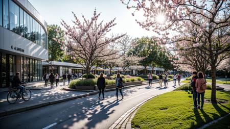 a photo of an outdoor park landscape,cherry_blossoms,1 group of people walking down the road,watching the cherry blossoms on both sides of the road,in the park inside,around the lawn,