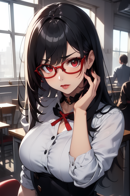 elisabeth, red glasses, red eyes, cross on chest