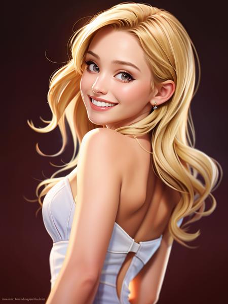 Realistic photo of a beautiful kr1st3nb woman,1girl,solo,long hair,looking at viewer,smile,blonde hair,simple background,bare shoulders,upper body,teeth,looking back,artist name,grin,lips,watermark,web address,realistic, soft lighting, professional Photography, Photorealistic, detailed, RAW, analog, sharp focus, 8k, HD, high quality, masterpiece<lora:kr1st3nb:1.0>