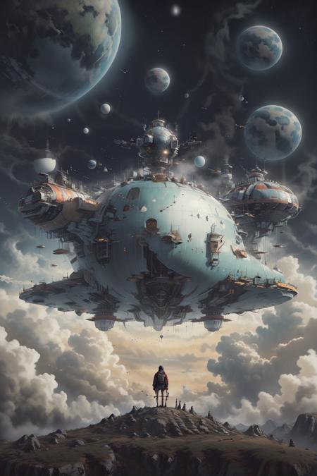 best quality,masterpiec,Megalophobia,giant phobia,Giant aircraft,low angle,Symmetrical composition,<lora:neowrsk_20230617030432-000004:0.9>,In the boundless space,Floating in space,