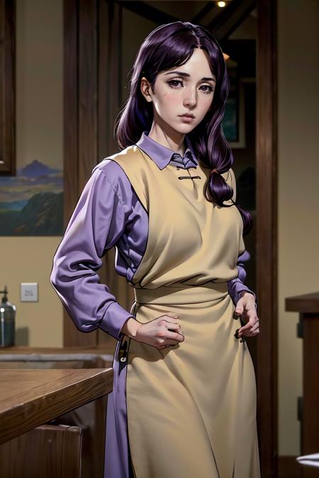 (masterpiece:1.4),(best quality:1.4),(absurdres:1.4),pin-up,okasan_Garo_aiwaifu,brown eyes,shirt ,large breasts, wide hips, purple hair ,apron,low-tied long hair ,collared shirt ,dress ,lips ,hair over shoulder,(absurdres, highres, incredibly_absurdres:1.4),scenery,masterpiece,