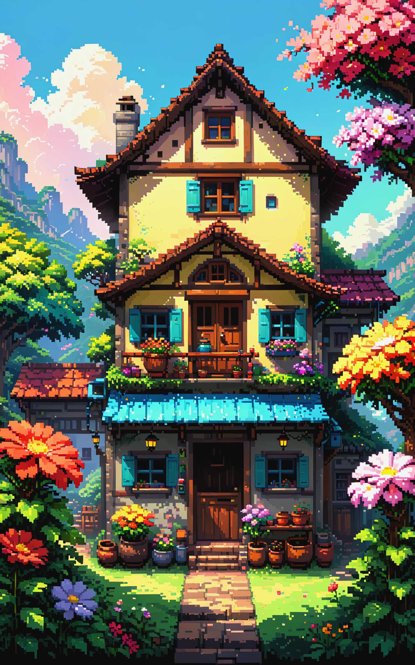A digital painting of a house with lots of windows and a brown roof.