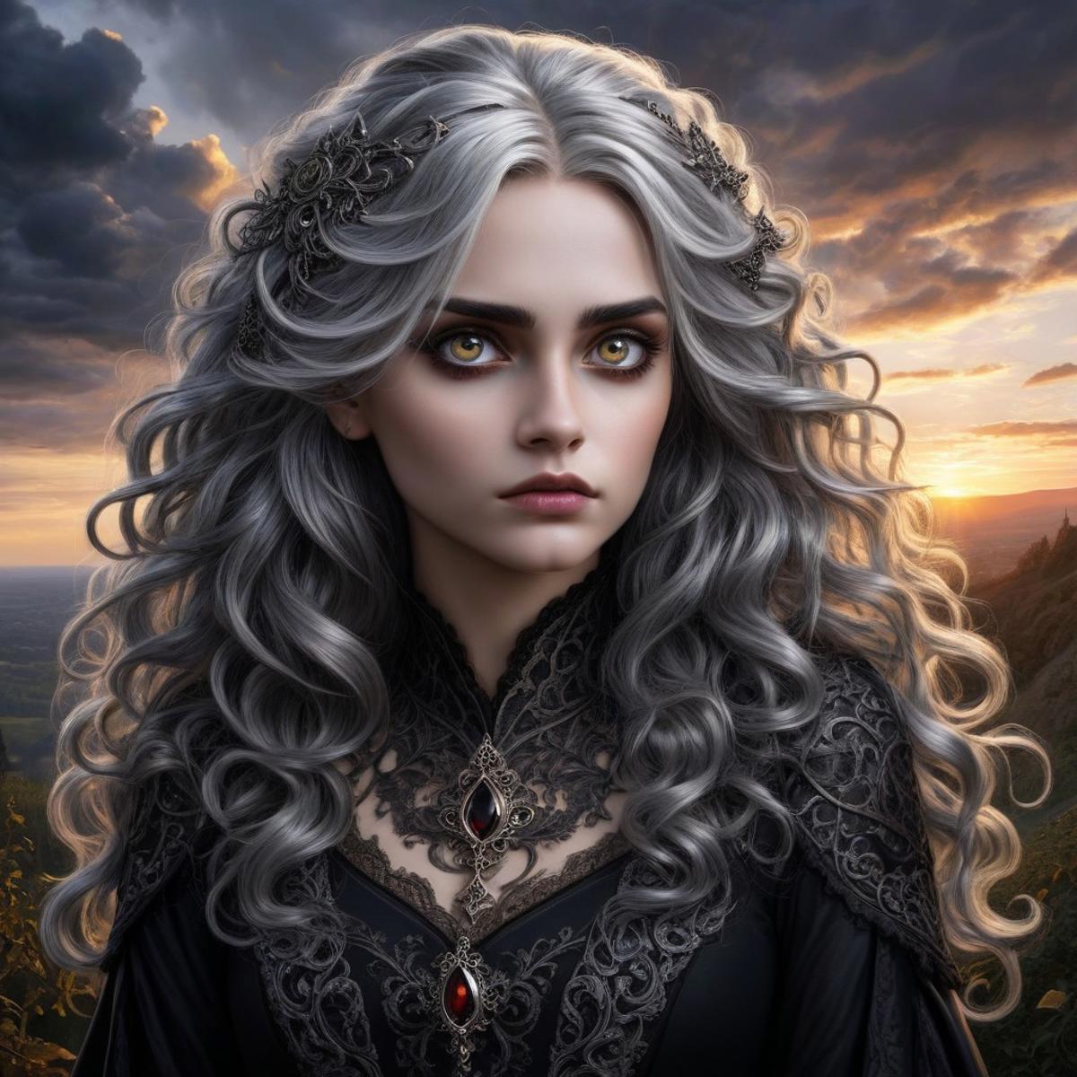 , dramatic sunset, hyperrealistic gothic art style, dark and moody, intricate details, rich colors, dramatic lighting, ornate patterns, medieval inspired, mysterious atmosphere, high contrast, artistic and elegant
wavy hair, silver hair, glowing eyes,