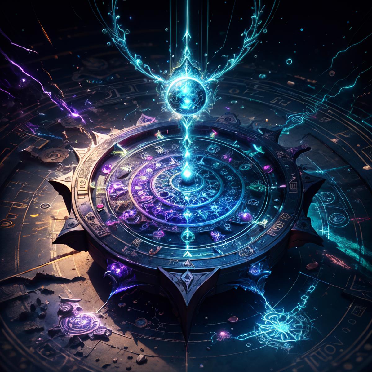 Ancient Celestial Blue and Purple Map with Lightning Bolts