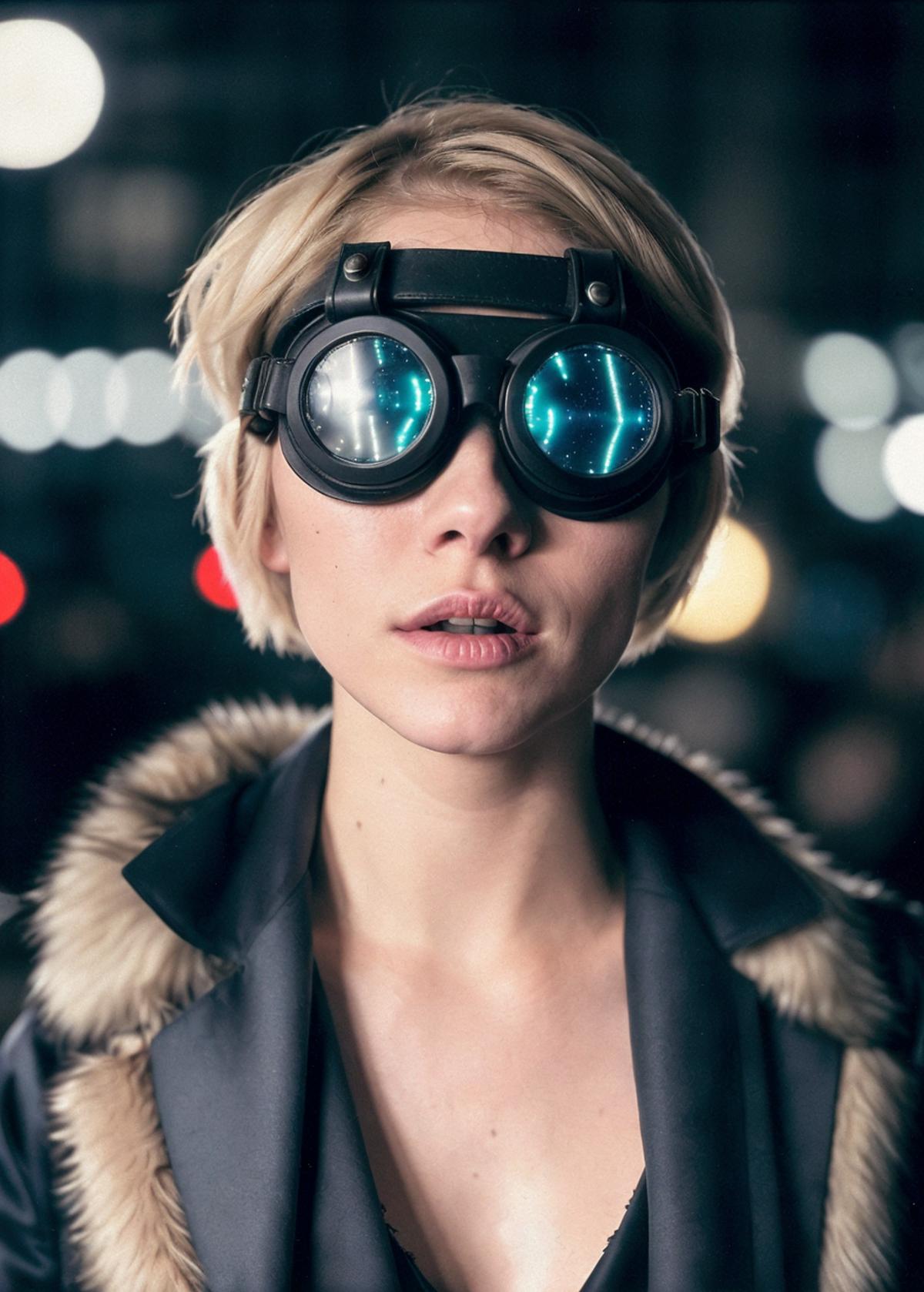 A woman wearing a black jacket and goggles.