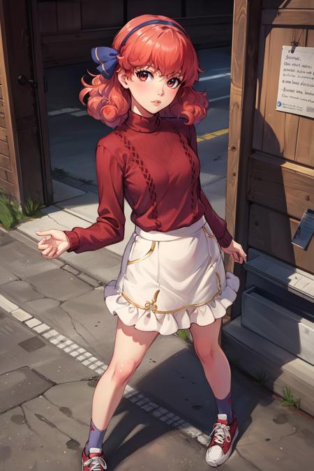 masterpiece, best quality, genny, hairband, red sweater, frilly white skirt, sneakers, standing, looking at viewer <lora:genny-nvwls-v2-000012:0.7>