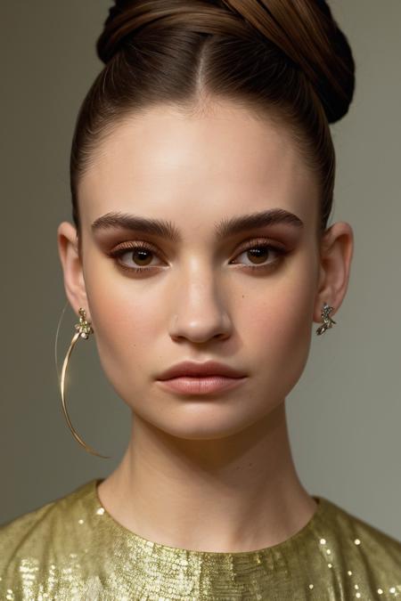 (style of John Atkinson Grimshaw:1.15), <lora:sd15_LilyJames_locon_64_v1-000016:1> LilyJames, focus on eyes, close up on face, pouting, wearing jewelry, hair styled as voluminous top knot,