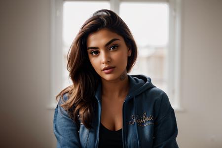 portrait of DEN_claudiaf_SG, (headshot, face focus:1.2), beautiful eyes, detailed face, detailed lips,
(plain background:1.2), letter graphic zip up hoodie and denim skirt with knee high boots,
bokeh, f1.4, 40mm, photorealistic, raw, 8k, textured skin, skin pores, intricate details,  <lora:epi_noiseoffset2:1>, epiCRealism