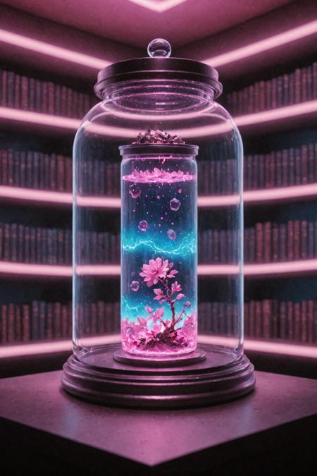 ultra realistic 8k cg, flawless, clean, masterpiece, professional artwork, famous artwork, cinematic lighting, cinematic bloom, (bookshelf background), a  vaporwave glass futuristic  jar with a alchemy table inside,  <lora:Contained_Color_SDXL:1>