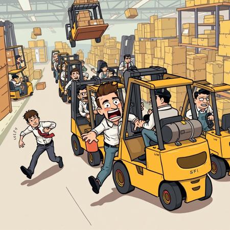 A humorous illustration of chaotic Forklift warehouse workers moving recklessly in different directions, looking disorganized and exaggeratedly clumsy. In the background, a terrified pedestrian flees with a comically exaggerated expression of fear.