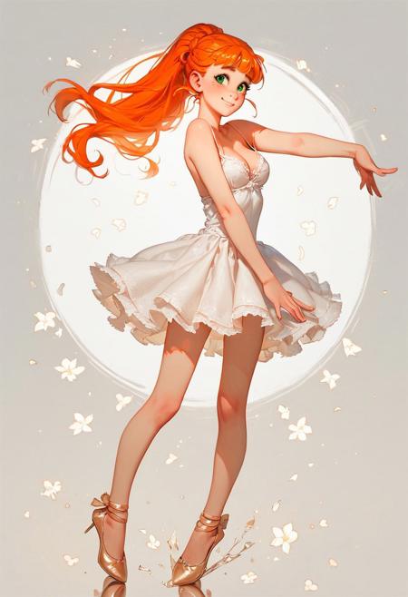 score_9, score_8_up, score_7_up, 1girl, sexy face, top bun style hair, sexy , cute face, pretty face, kawai girl, orange hair, ponytail hairstyle, green eyes, shy, medium perfect round breasts, perfect body, petite, fit body, thin waists, long legs, godrays, black leotard, ballet skirt, spaghetti strap, pointe shoes, cleavage, smiling, standing, close up, ballet pose, ballet studio background, detailed
BREAK