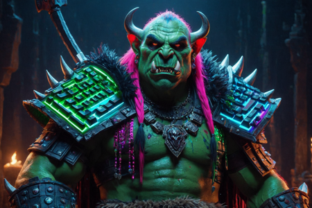 an orc chieftain made out of RGB Keyboards, with graying hair, green skin, wearing a fur cloak with bone trophies, holding a warhammer, solo, from the Bloodfang Clan, with red war paint glowing with RGB lights and bone jewelry, a neon battlefield with glowing muddy ground, RGB broken weapons, scattered bones with RGB lights, detailed background, teaching wisdom, speaking to younger orcs, with RGB lights shimmering, sneaky, sly grin, with flickering RGB lights, dynamic angle, wide shot, a neon blacksmith competition with orcs forging, sparks with RGB lights flying, crowds watching, a glowing RGB spiked club with RGB lights, nearby, on digital swamp mud, wet and slimy with RGB lights, neon rain with glowing droplets, RGB lights reflecting, midnight, dark starry sky, moonlight, cool stillness, best quality, vibrant colors, photorealistic style, high detail, high-definition, hyper-realistic, extremely high-resolution details, fine texture, incredibly lifelike, realistic, not cartoon, not drawing, highres, 4K resolution, source photo, realistic photo, masterpiece, best quality, amazing quality, very aesthetic, ultra-detailed, detailed textures, natural lighting, soft lighting, neon RGB colors, vibrant reds, blues, greens, digital flash, bright and intense, overhead shot, <lora:RGB_Keyboard_themed-000008:1>