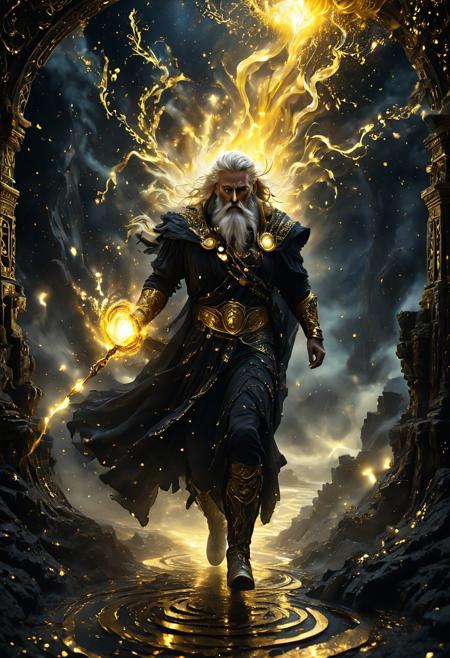 Masterpiece, absurdres, 8K UHD, hyperrealistic, ultra-detailed, cinematic drama, intricate textures, extreme close-up, commanding presence, mythic grandeur, sharp focus, dramatic contrast, ethereal glow. 1male, 
Odin strides across the celestial bridge, an ethereal pathway woven from divine roots and lightning. imposing figure, majestic stance, right eye patch carved with magic runes. Beneath him, the abyss swirls with a golden milky way, its stardust pulsing like the breath of the cosmos. His armor, adorned with intricate gold patterns, radiates power—each rune shimmering like molten energy, tracing ancient prophecies upon his battle-worn frame. Liquid gold explosions ripple along his plated gauntlets, their glow piercing through the black background of the void. Golden smoke magic coils around his spear, swirling in luminous fog as the bridge hums with forgotten voices. Every step sends echoes through existence, his presence bending reality itself. He walks the threshold between realms, draped in myth, wrapped in golden and black spirit—a force beyond mortal comprehension,
Photorealistic, cinematic lighting, volumetric mist, hyper-detailed environment, Nordic ruins crumbling into celestial dust. 
cinematic textures, immersive depth, bold composition, striking realism, controlled chaos, divine terror