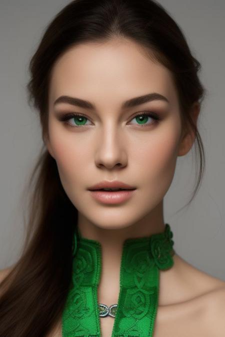 Beauty Photography: Focuses on well-lit, flawless skin and often used in beauty and cosmetics advertisements.<"shooting under very dark condition":1.8> with high iso, film, high key, 
out fit for Saint Patrick's Day and the rich Celtic culture celebration