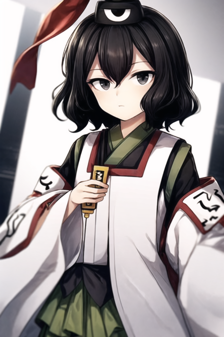 black hair, grey eyes, tate eboshi, androgynous, hakama skirt, ofuda on clothes, japanese clothes, green skirt, kariginu, detached sleeves, white sleeves, socks