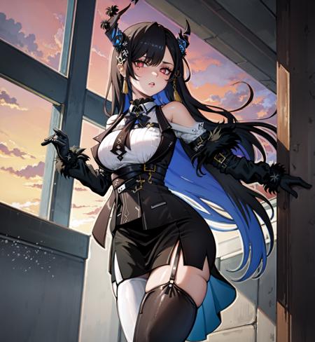 <lora:nerissa_ravencroft_v3-000008:1> (nerissa ravencroft)
(1girl, solo:1.3)
standing, cowboy shot
(asymmetrical horns), horns, demon horns, red eyes, slit pupils, [mole under eye]
black hair, blue hair, two-tone hair, long hair, hair ornament
large breasts, skindentation, thick thighs
thick thighs, looking at viewer
black ribbon
bare shoulders, fur-trimmed sleeves, fur trim, collared shirt, (white shirt), gloves, (vertical striped shirt)
(miniskirt, black skirt:1.3), belt, multiple belts
(asymmetrical legwear:1.25), (thigh boots), (single) thighhigh, black thighhighs, (single leg pantyhose:1.2)
indoors, (cafe), window, sunset