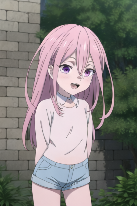 pink hair, long hair, hair between eyes, anime coloring, 1girl, purple eyes, ponytail, bangs, v-shaped eyebrows