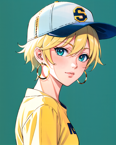 yuuki nobuteru, yuuki nobuteru, masterpiece, best quality, 1girl, aqua eyes, baseball cap, blonde hair, closed mouth, earrings, green background, hat, hoop earrings, jewelry, looking at viewer, shirt, short hair, simple background, solo, upper body, yellow shirt <lora:yuuki_nobuteru_offset:1>