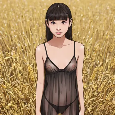 "Erotic Encounter: See-Through Black-Haired Beauty in Panties Showcasing Nipples"