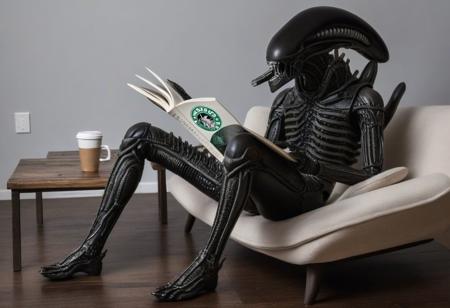 masterpiece, best quality, realstic photo, a xenomorph sit with legs crossed on the couch, reads a book, starbucks, drinking, coffee, BREAK, luxury room, floating neon heart,