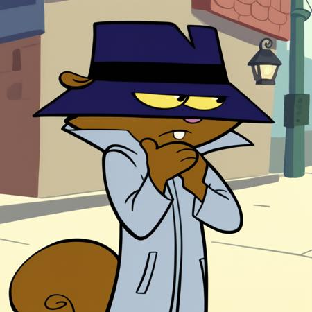 ssssq, squirrel, spy hat, trench coat, 1boy, hand in pocket, brown fur, pink oval nose, eyes visible through hat, short legs, slim body, SSSSQS, squirrel, bucktooth, skirt, badge sash, beret, oval pink nose,