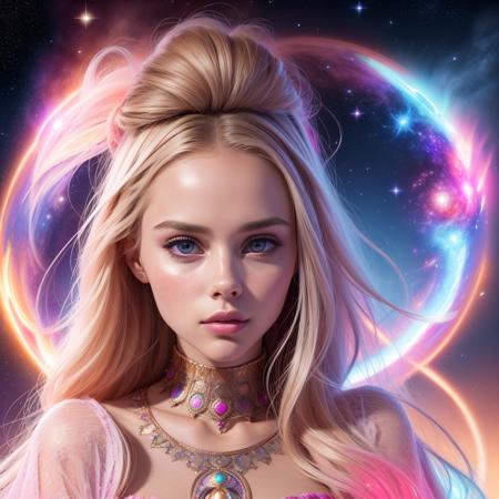 ultra realistic photo portrait of Scarlett Leithold cosmic energy, colorful, painting burst, beautiful symmetrical face, nonchalant kind look, realistic round eyes, tone mapped, intricate, elegant, highly detailed, smooth, sharp focus, illustration, dreamy magical atmosphere, 4k, 8k