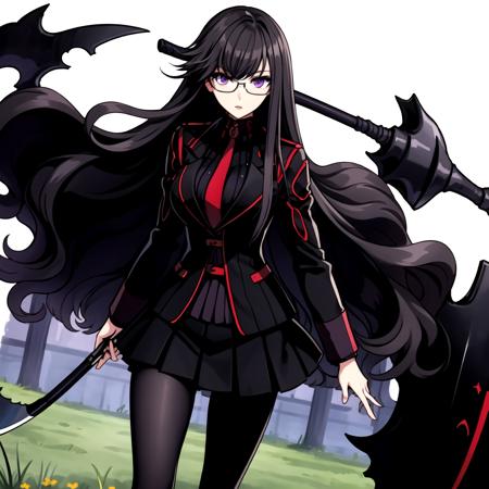 grasslands, holding scythe, looking at viewer, (masterpiece:1.2, best quality), <lora:ROEVIL-000009:0.865> 1girl, ROEvil, glasses, black and red school uniform, purple eyes, black tights