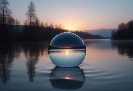 An infinite, calm water surface stretches across the scene, reflecting the soft pastel hues of a serene sunset. Above the water floats a perfectly round, transparent glass sphere, glistening faintly with refracted light, its surface shimmering with refracted light that captures faint glimmers of distant stars and the silhouettes of serene trees. Surrounding the sphere are delicate ripples in the water, creating a mesmerizing interplay of motion and stillness. Distant mountains fade into the misty horizon, adding depth and tranquility. The sphere's transparency captures hints of the sky and surroundings, merging the ethereal with the natural in a harmonious, surreal atmosphere.