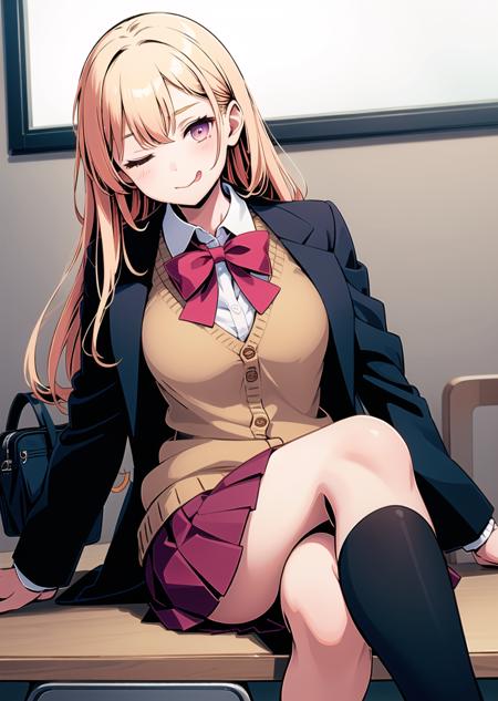 1girl, upper body,  (dynamic angle:1.2),  sitting on desk, (crossed legs:1.2), one eye closed, sobu high school uniform, skirt, pleated skirt, tongue out, jacket, full body, school uniform, bag, black jacket, tongue, brown footwear, brown eyes, ribbon, red ribbon, school bag, neck ribbon, socks, shirt, shadow, long hair, open clothes, looking at viewer, white shirt, cardigan, smile, kneehighs, brown hair, open jacket, ;q, miniskirt, black socks, sweater, pink cardigan, blonde hair, holding, blazer, ;) <lora:pitch_black_shadow_V2:1.2>