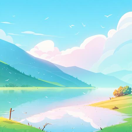 chahua, outdoors, no humans, reflection, scenery, bird, water, day, lake, tree, nature, sky, grass, mountain, river<lora:chahua_v1:1>