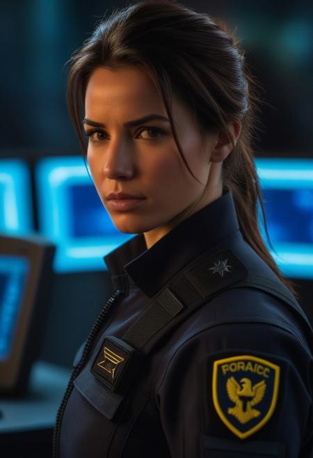 A realistic portrait of a woman in a sleek, tactical uniform, featuring a zippered, dark textured material with a subtle emblem on her shoulder. She has a few small facial scratches, suggesting she has been in a recent confrontation. Her dark brown hair is tied back with loose strands framing her face, giving her a slightly disheveled yet focused appearance. Her expression is calm but determined, her gaze directed slightly off-camera, capturing a moment of introspection or resolve. The background is a dimly lit, high-tech command center, with blurred computer monitors and metallic structures, creating an industrial and futuristic atmosphere. The lighting is cool and diffused, casting soft shadows that emphasize her facial features and create a cinematic ambiance. The frame is medium close-up, focusing on her face and upper torso.