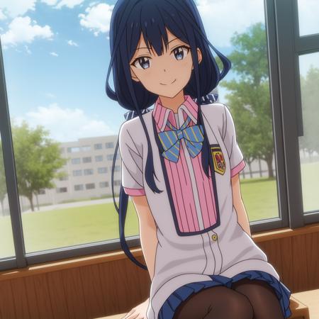 Aki,school uniform,solo,looking at viewer,smile,arm at side,black legwear,sitting,classroom,