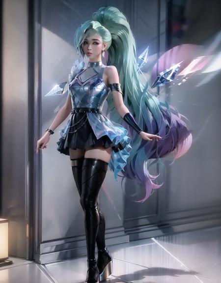 high detailed, 8k, highres, (k/da all out seraphine), league of legends, k/da \(league of legends\), 1girl, solo, aqua hair, gradient hair, multicolored hair, blue eyes, lips, long hair, long ponytail, ponytail, earrings, jewelry, armlet, bracelet, choker, ice wings, blue dress, layered clothing, black skirt, single bare shoulder, thighhighs, wedge heels