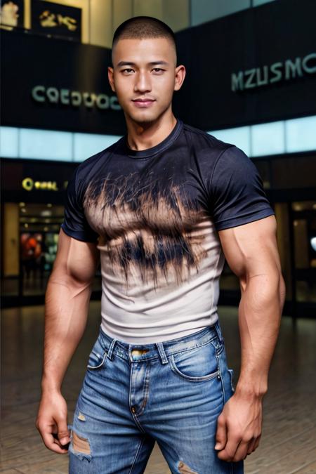 masterpiece, best quality, highres, realistic, handsome, photogenic, syahnk, as (handsome fuckboy, confident smirk, looking at viewer, torn jeans, (huge biceps),muscular male, (skin tight blue t-shirt), ((induction cut, buzzcut, black hair, stubble head)), (shopping mall background), intricate detail, HDR, octane, 8k) ,<lora:add_detail:1.5>, <lora:syahnk_0.6asian_0.4:1>