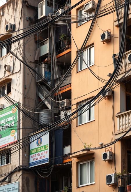 A beautifully composed professional photograph of an apartment building in New Delhi, focusing on the mass of cables, power lines, tangled phone wires and cable TV wires. Insane amount of wires, ultra realistic and detailed, banners and advertisements in Hindi, Punjabi mixed with English, buildings are heavily weathered and dirty, pleasing early morning warm sun light highlights the buildings details, small balconies growing plants