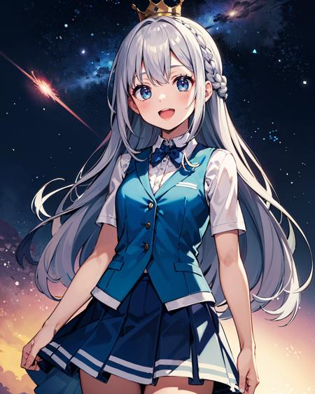 1girl, solo, panorama, space, gray hair, long hair, crown braid, french braid, gradient eyes, shortstack, (blue vest, layered skirt), :D