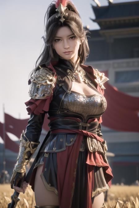 standing in front of a group of people in armor standing in a field with flags in the background,a line of red flags and a building,
red outfit,shoulder_armor,armor,armored dress, armored boots,red_cape,high_collar,a helmet on her head,
<lora:Dragon_Conquerors_Blade-KK77-V1:0.7>,holding_weapon,spear,realistic, thighhighs,,
bangs,black_hair,brown_eyes,long_hair,turtleneck,
1 girl, 20yo,mature female,Beautiful Finger,Beautiful long legs,Beautiful body,Beautiful Nose,Beautiful character design, perfect eyes, perfect face,
looking at viewer, 
NSFW,official art,extremely detailed CG unity 8k wallpaper, perfect lighting,Colorful, Bright_Front_face_Lighting,
(masterpiece:1.0),(best_quality:1.0), ultra high res,4K,ultra-detailed,
photography, 8K, HDR, highres, absurdres:1.2, Kodak portra 400, film grain, blurry background, bokeh:1.2, lens flare, (vibrant_color:1.2)
(Beautiful,large_Breasts:1.4), (beautiful_face:1.5),(narrow_waist),