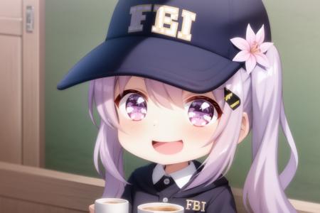 skistyle, fbi cap, fbi, 1girl, twintails, solo, open mouth, purple eyes, smile, hat, long hair, cup, chibi, purple hair, flower, hair flower, holding, baseball cap, hair ornament, shirt, upper body