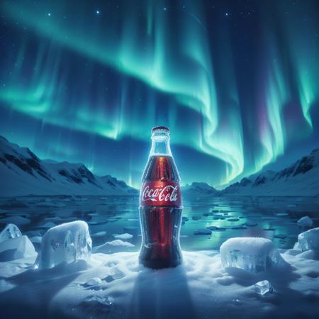 kekokelev2, a bottle of coca cola sitting in the snow with an aurora bore in the background and a blue sky, no humans, star, (sky), night, coca-cola, bottle, ice, starry sky, aurora, scenery, night sky, outdoors, snow, water,
Best quality,masterpiece,ultra high res,<lora:20231217-1702820058385-0020:0.7>,