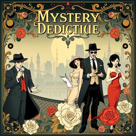 A captivating cover illustration for a mystery deduction game in the style of Alphonse Mucha. The scene features a detective, a police officer, a female secretary, and a yakuza member, all elegantly posed with flowing lines and ornate patterns typical of Art Nouveau. The detective holds a magnifying glass, the police officer stands confidently, the female secretary has a notepad, and the yakuza member exhibits a stylish demeanor. The background includes intricate floral designs and a foggy cityscape, with the game title displayed in an elegant, decorative font at the top