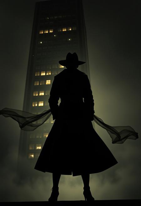 A trench-coated detective, silhouetted in high-contrast shadows, standing before agothic skyscraper, its windows glowing ominously., photography, ethereal atmosphere, flowing fabrics, dreamlike compositions, muted tones, surreal elegance, soft light, fluid movement, feminine forms, weightless figures, delicate textures, emotional depth, serene mood, abstract backgrounds, poetic imagery