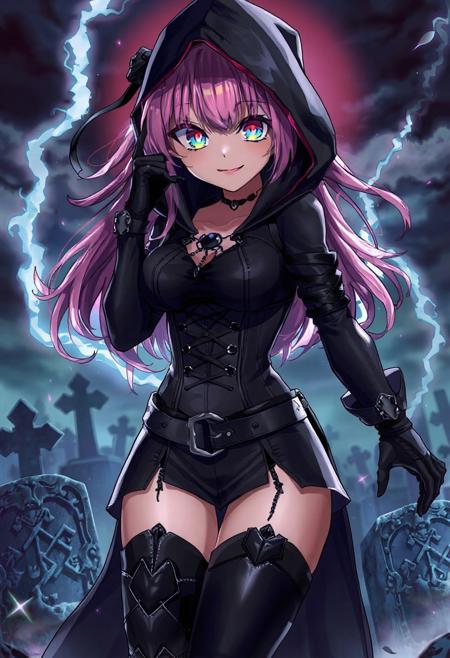 1girl, assassin , glowing wide eyes, anime , masterpiece, lifelike, best quality, absurdres, beautiful body, busty ,2 arms, slender, pink hair,  hooded, wicked smile ,leather corset,  tattered clothes , knee high leather boots , provactive pose, storm, graveyard