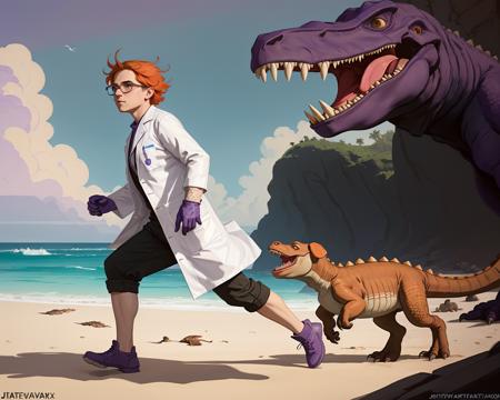 (masterpiece), (extremely intricate), (((photo of a boy scientist, orange hair, glasses))), (((purple gloves, closed white lab-coat, intricate details on clothing))), ((running away from a dinosaur)), (perfect composition:1.4), ((beach background)), deviantart hd, artstation hd, concept art, detailed face and body, award-winning photography, margins, detailed face, professional oil painting by Ed Blinkey, Atey Ghailan, Jeremy Mann, Greg Manchess, Alex Gray, trending on ArtStation, trending on CGSociety, intricate, high detail, sharp focus, dramatic, award winning matte drawing cinematic lighting octane render unreal engine volumetrics dtx <lora:dextr95_V12:0.5>