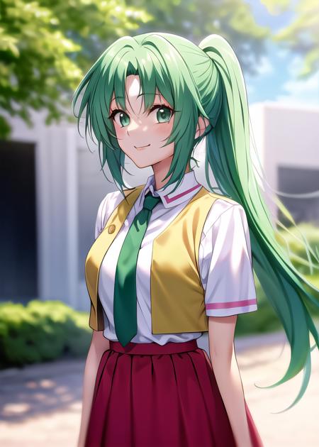 1girl, ponytail, green hair, (long hair), green eyes, school uniform, collared shirt, red necktie, yellow vest, open vest, red skirt, smile, looking at viewer, short sleeves,
upperbody, standing,
<lora:SonozakiMion:1>, sonozaki mion,
 <lora:piromizu512:0.4>, <lora:dpep2 768:0.2>