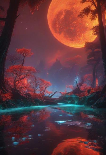 Ultrarealistic. sharp focus, dynamic lighting. play of light, reflection, refraction, Raytracing, Ultra detailed. Alien themed. Alien scenery. alien scenery background. alienworld. An alien fire dragon surrounded by ice.enchanting, cosmic, celestial, ethereal, vibrant flora, magical, luminous, serene, dreamy, radiant, bioluminescent, intricate details, surreal, enchanted forest