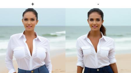 ziprealism, upper body, hands on hips, woman, white shirt, looking at viewer, beach, looking at viewer, front photo<lora:breasts_slider_v2_000000035:+6>