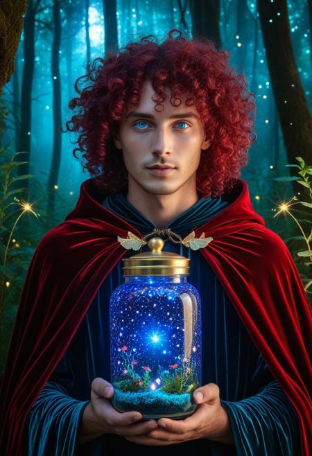 (Masterpiece, Best Quality, Ultra-Detailed: 1.3), RAW photo, 8K UHD,
1 adult male, mystical heterochromia (gold/azure), undulating crimson curls, ethereal and luminescent skin, petite figure, velvet cape with constellation motifs,
[Enchanted forest, bioluminescent plants], [Fireflies captured in a glass jar],
mystical atmosphere, volumetric rays, intricate details